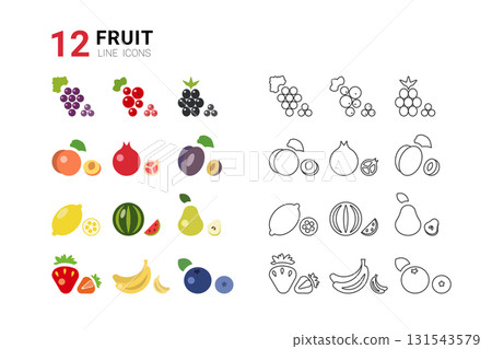 A variety of fruit line icons showcases different fruits, including grapes, apples, oranges, and bananas. The collection is suitable for various design and illustration applications. A variety of fruit line icons showcases different fruits, including grapes, apples, oranges, and bananas. The collection is suitable for various design and illustration applications. 131543579