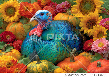 Elegant Thanksgiving turkey with pumpkins and autumn flowers illustration 131543638