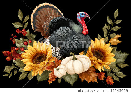 Elegant Thanksgiving turkey with pumpkins and autumn flowers illustration Elegant Thanksgiving turkey with pumpkins and autumn flowers illustration 131543639