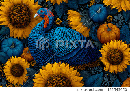 Elegant Thanksgiving turkey with pumpkins and autumn flowers illustration 131543650