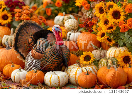 Elegant Thanksgiving turkey with pumpkins and autumn flowers illustration 131543667