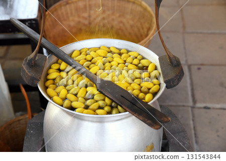 Boiling silkworm cocoons in a pot to separate them into fibers to produce silk thread. 131543844