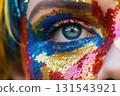 Eye close-up and skin in sequins. Close up creative make-up for Pride. Bright LGBT make-up Eye close-up and skin in sequins. Close up creative make-up for Pride. Bright LGBT make-up 131543921