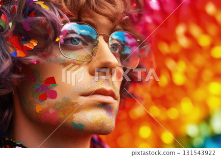 Portrait of man in glasses with rainbow makeup with sequins on colorful blurred background. LGBT Pride concept 131543922