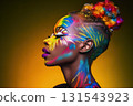 Side view profile portrait of an african american girl with creative art make-up for Pride. Bright LGBT make-up and rainbow hair Side view profile portrait of an african american girl with creative art make-up for Pride. Bright LGBT make-up and rainbow hair 131543923