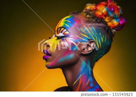 Side view profile portrait of an african american girl with creative art make-up for Pride. Bright LGBT make-up and rainbow hair 131543923