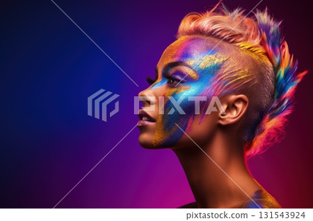 Side view profile portrait of girl with creative art make-up for Pride. Bright LGBT make-up and rainbow hair 131543924
