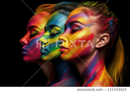 Side view profile portrait of three girls with rainbow make-up for Pride on black background. Rainbow LGBT make-up 131543925