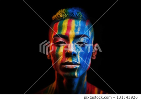 Close up full face portrait of man with rainbow make-up for Pride on black background. Rainbow LGBT make-up 131543926