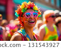 Girl in rainbow wreath and pink glasses on Pride parade. Concept of LGBTQ community equality movement, lgbt happy pride month Girl in rainbow wreath and pink glasses on Pride parade. Concept of LGBTQ community equality movement, lgbt happy pride month 131543927