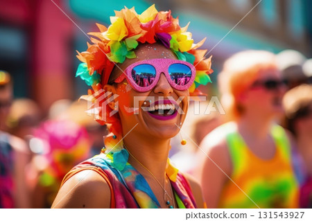 Girl in rainbow wreath and pink glasses on Pride parade. Concept of LGBTQ community equality movement, lgbt happy pride month 131543927