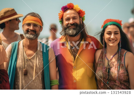 People from different generations have fun at Pride parade. Diverse friends celebrating gay Pride festival. Lgbt community concept cheerful friends outdoors 131543928