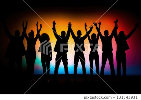Silhouettes of group of people on rainbow background. Lgbt community concept 131543931