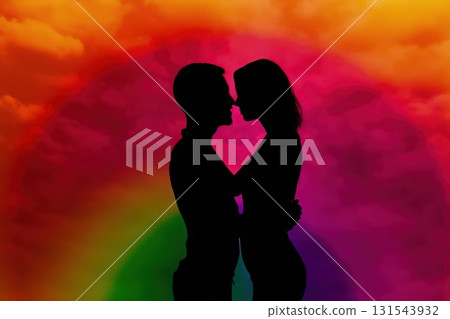 Silhouettes of woman and man on rainbow background. Concept of lgbt happy Pride month 131543932
