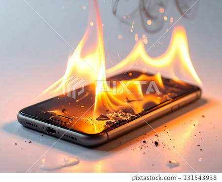 A dangerous scene of a smartphone catching fire and flames. A dangerous scene of a smartphone catching fire and flames. 131543938