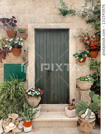 A rustic green door surrounded by vibrant potted plants and flowers. 131543976