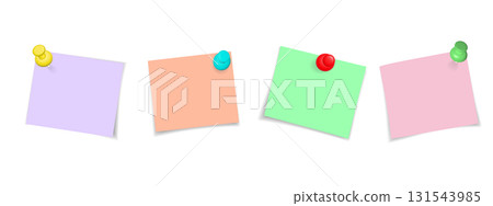 Set of paper notes on pins. Paper stickers, notes on pins. Paper notebook sheets fastened with pins, Vector collection for design. Set of paper notes on pins. Paper stickers, notes on pins. Paper notebook sheets fastened with pins, Vector collection for design. 131543985