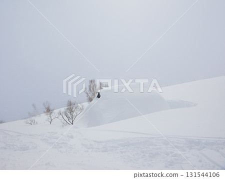 未經修整的斜坡上，一間小屋被大雪掩埋（長野縣白馬五龍） 131544106