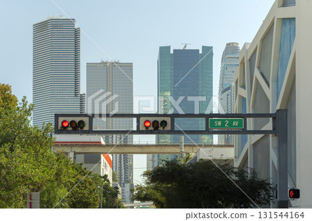 Overhead traffic lights high above street in Miami, Florida Overhead traffic lights high above street in Miami, Florida 131544164