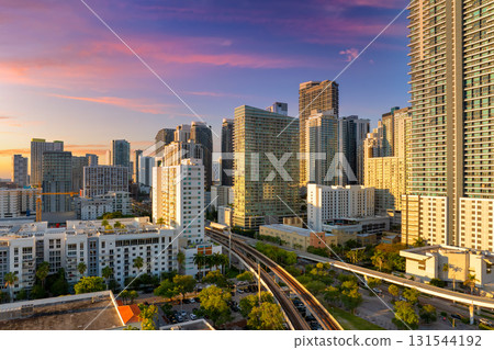 Miami, major city in Florida. Skyscraper buildings in downtown district of USA urban area at sunset. American megapolis with business financial district 131544192