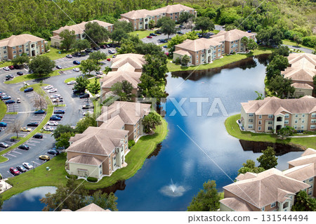 Family houses with retention ponds to prevent flooding in Florida closed suburban area. Real estate development in American suburbs 131544494