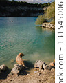 Golden retriever is standing in lake on summer day, enjoying cool water and beautiful scenery while some people are swimming in background. Golden retriever standing in lake during sunny summer day 131545006
