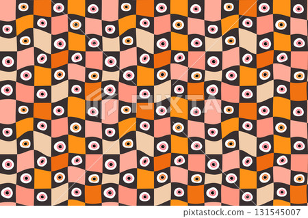 Funny Wavy Check Seamless Vector Halloween Pattern with Eyeballs, Fun Warped Plaid Background Funny Wavy Check Seamless Vector Halloween Pattern with Eyeballs, Fun Warped Plaid Background 131545007