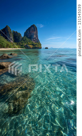 A spectacular tropical resort landscape with emerald green sea and cliffs 131545039