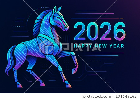 Futuristic neon horse New Year's card for the Year of the Horse 2026 "HAPPY NEW YEAR" 131545162