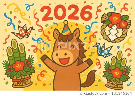 2026 Year of the Horse celebration character horse and New Year decoration New Year's card 2026 Year of the Horse celebration character horse and New Year decoration New Year's card 131545164