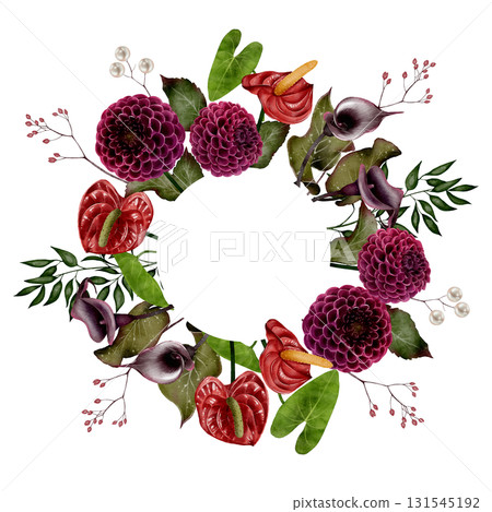 Floral wreath with dahlias and calla lilies watercolor illustration Floral wreath with dahlias and calla lilies watercolor illustration 131545192