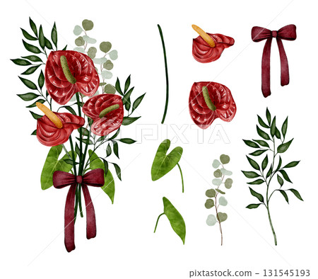 Red anthurium bouquet with ribbon and leaves Red anthurium bouquet with ribbon and leaves 131545193