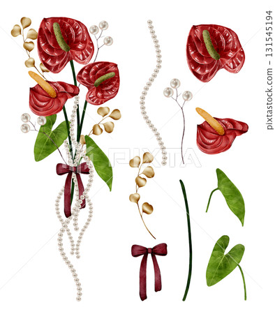 Red anthurium bouquet with pearls and ribbon Red anthurium bouquet with pearls and ribbon 131545194