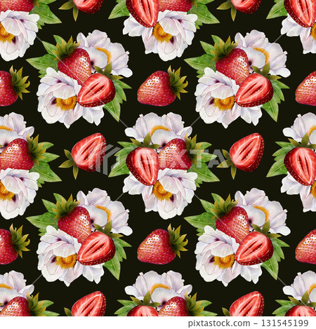 Watercolor strawberries and peonies seamless pattern Watercolor strawberries and peonies seamless pattern 131545199
