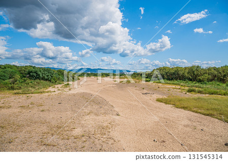 京都府八幡市上津屋橋上游木津川乾涸的河床 京都府八幡市上津屋橋上游木津川乾涸的河床 131545314
