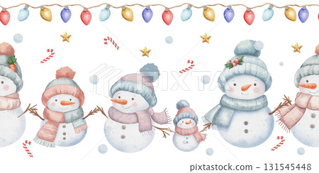 Seamless Christmas border with various cute snowmen wearing hats and scarves, festive garland with multicolored lights above, gold stars on white background, and candies Seamless Christmas border with various cute snowmen wearing hats and scarves, festive garland with multicolored lights above, gold stars on white background, and candies 131545448