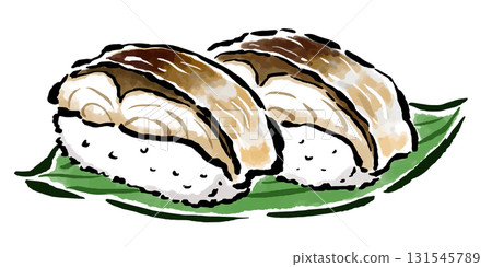 Two pieces of grilled mackerel sushi, hand-drawn brush stroke illustration 131545789