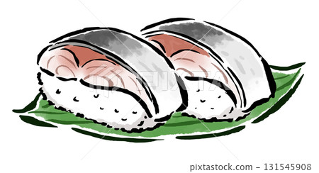 Two pieces of mackerel sushi, hand-drawn brush stroke illustration 131545908