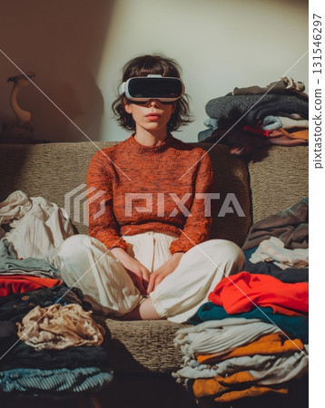 Young woman enjoying virtual reality on a headset while relaxing on a sofa amidst piles of clothes during a break from organizing her wardrobe 131546297