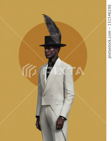 Stylish man posing in a white suit and top hat adorned with a feather against a golden background with a circle, showcasing contemporary men's fashion with a touch of vintage elegance 131546298