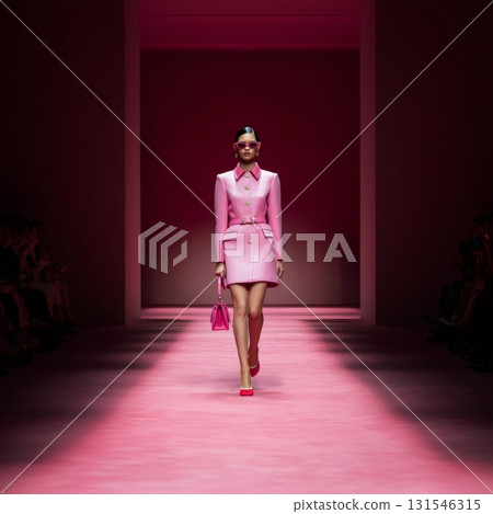 Fashion model strutting down the runway in a vibrant pink outfit, stylish pink sunglasses perched on her face, and a chic pink handbag in hand during a dazzling fashion show 131546315