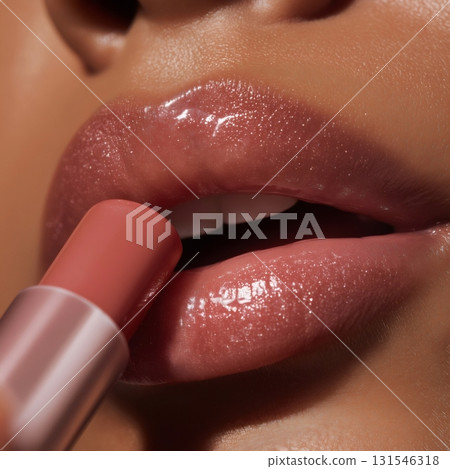 Closeup of a woman applying glossy pink lipstick, enhancing natural beauty while creating a glamorous and attractive look. Smooth, shiny lips radiate elegance and style Closeup of a woman applying glossy pink lipstick, enhancing natural beauty while creating a glamorous and attractive look. Smooth, shiny lips radiate elegance and style 131546318