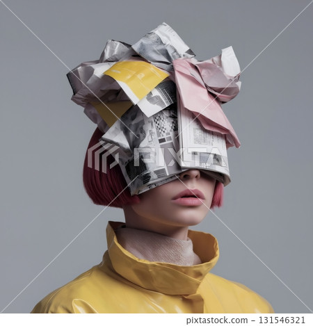 Studio shot of a young woman with pink hair and yellow raincoat covering her face with crumpled paper, symbolizing censorship, information overload, or hidden identity 131546321