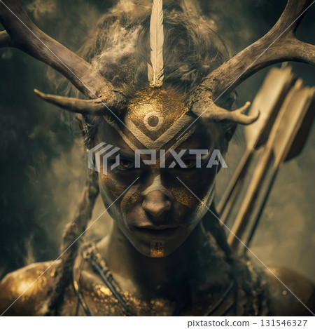 Tribal warrior woman wearing deer antlers as a headdress and golden makeup poses intensely with a bow and arrows, embodying strength and primal connection to nature 131546327