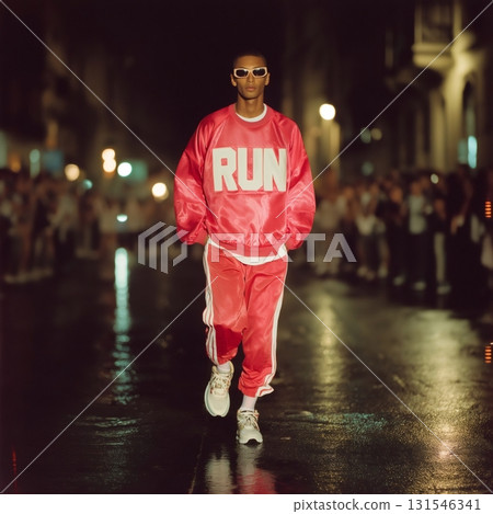 Male model strutting down a wet runway at a night fashion show, showcasing a vibrant red sports outfit featuring run emblazoned on the jacket, exuding confidence and style 131546341