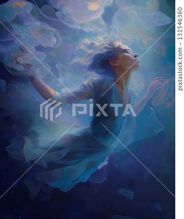 Surreal underwater scene featuring a young woman in a flowing dress, gracefully floating among bioluminescent jellyfish in the ocean's dark depths 131546360