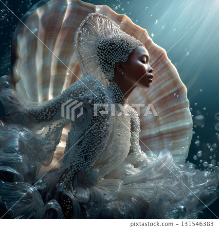 Fashion model wearing an elegant pearl studded dress is posing serenely underwater with a large seashell as a backdrop, creating a magical and surreal underwater fashion scene 131546383