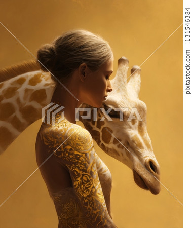 Woman with intricate golden tattoos gently touching heads with a giraffe against a golden backdrop, embodying the serene connection between humans and animals 131546384