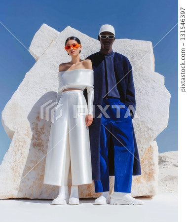 Two fashion models are showcasing futuristic white and blue designer outfits while posing near a large marble rock in a quarry, creating a striking contrast against the clear blue sky 131546397