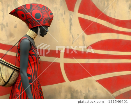 Fashion mannequin showcasing a vibrant red dress and unique headwear, inspired by traditional african designs, posing against a matching backdrop with bold graphic patterns Fashion mannequin showcasing a vibrant red dress and unique headwear, inspired by traditional african designs, posing against a matching backdrop with bold graphic patterns 131546401